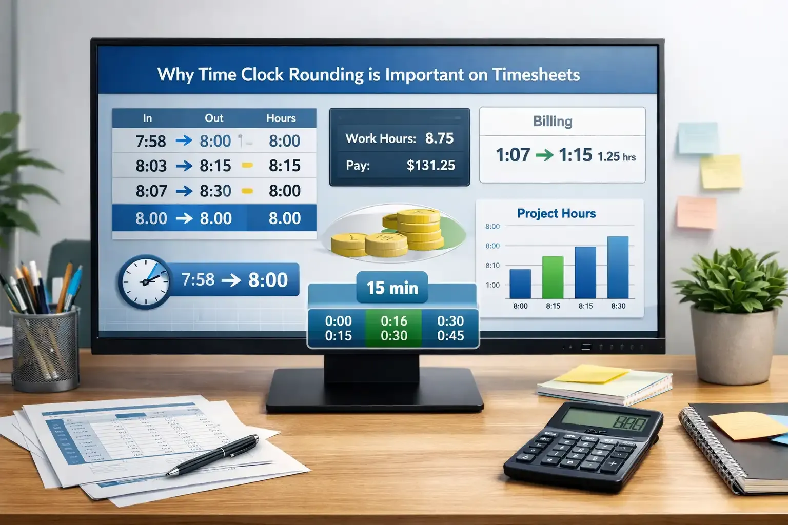 Time clock rounding dashboard simplifying payroll and standardized timesheets.